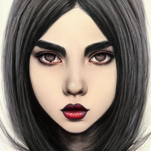 Image similar to a painting of an emo goth mexican girl with long dark hair thick eyebrows dark eyes and dark circles wide nose big eyes oval face shape big cheeks, a photorealistic painting by tran nguyen and ilya kuvshinov, featured on deviantart, gothic art, goth, gothic, detailed painting