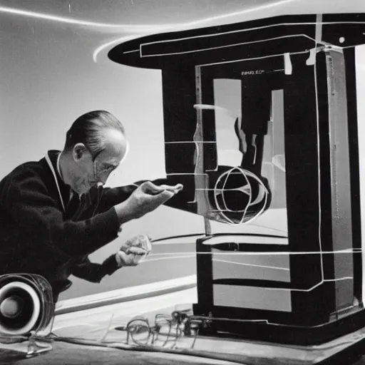 Prompt: photograph of Marcel Duchamp working on a futuristic machine, long exposure, in the style of Hito Steyerl and Andreï Tarkovski