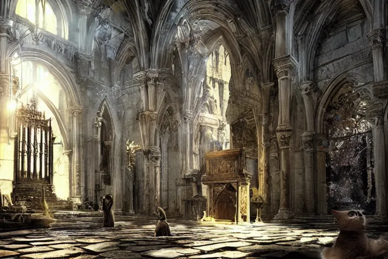 Prompt: concept art of ancient cathedral of forgotten cat people, ritual, many cats national geographic, high fantasy, strong perspective, sacred perfect lighting,