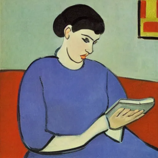 Prompt: woman reading a book on her tablet, by matisse