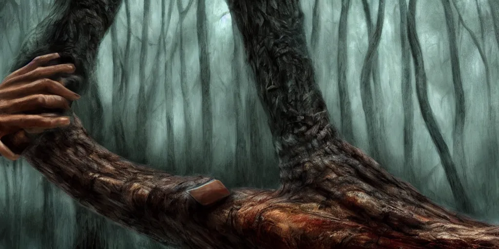 Image similar to a hand of a forest giant holding a tree trunk like a pencil, closeup, dirty nails, bridge to terabithia, fantasy, fog, digital art, studio lighting, deep colors