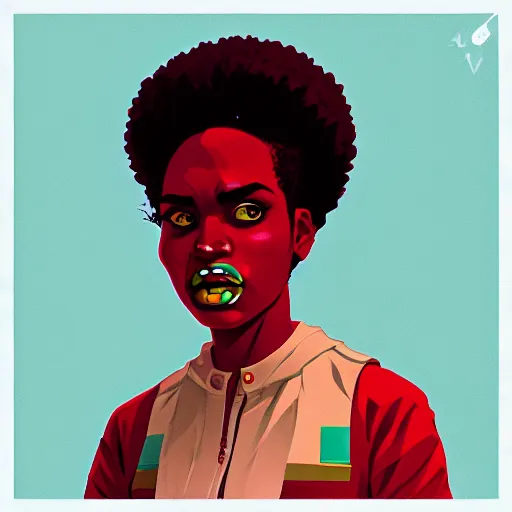 Image similar to Sachin Teng illustration of an angry afropunk female character, medium shot, asymmetrical, profile picture, trending on artstation