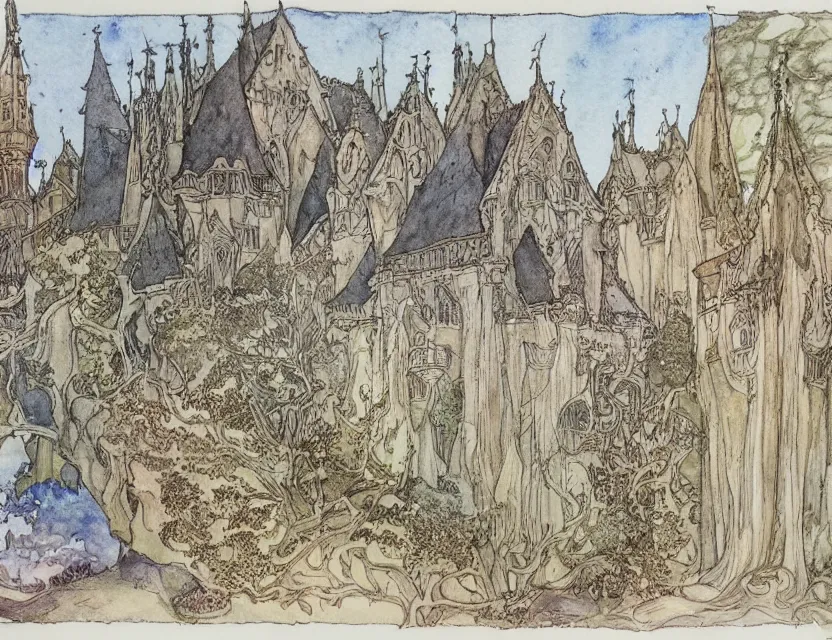 Image similar to a detailed, intricate watercolor and ink illustration with fine lines of the view from the river of an art nouveau castle, by arthur rackham and edmund dulac and lisbeth zwerger