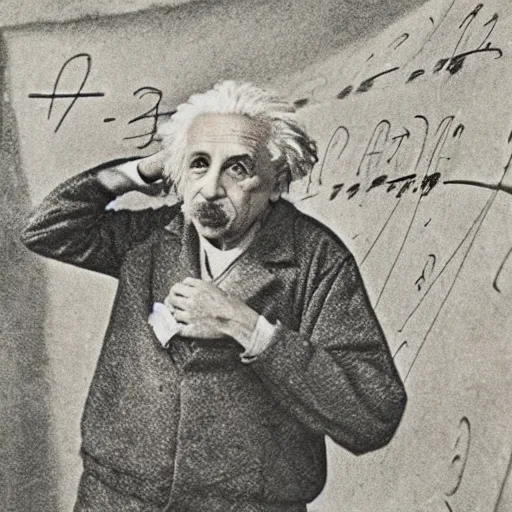 Prompt: Albert Einstein as a Neanderthal writing equations on a cave wall
