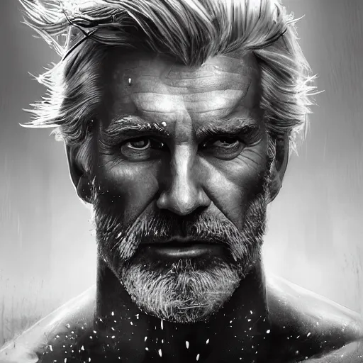 Prompt: painted portrait of rugged [ trump ], american flag background bokeh, god of thunder, greek god, white hair, masculine mature ruggedly handsome beefy brawny [ chest hair ] upper body torso robe, fantasy intricate elegant highly detailed digital painting, artstation, concept art, smooth, atmospheric lighting sharp focus illustration art by craig mullins greg rutkowski