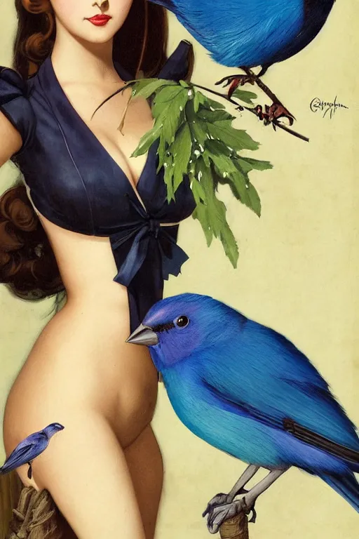 Image similar to anime pinup girl holding an indigo bunting, bird, the bird is wearing a bowtie, by greg rutkowski, rossdraws, gil elvgren, enoch bolles, anime, porcelain skin, very coherent