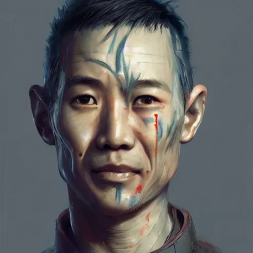 Prompt: a space ship crew member, male, asian, stubble, scars, tired smirk, sci fi character portrait by Ruan Jia and Mandy Jurgens