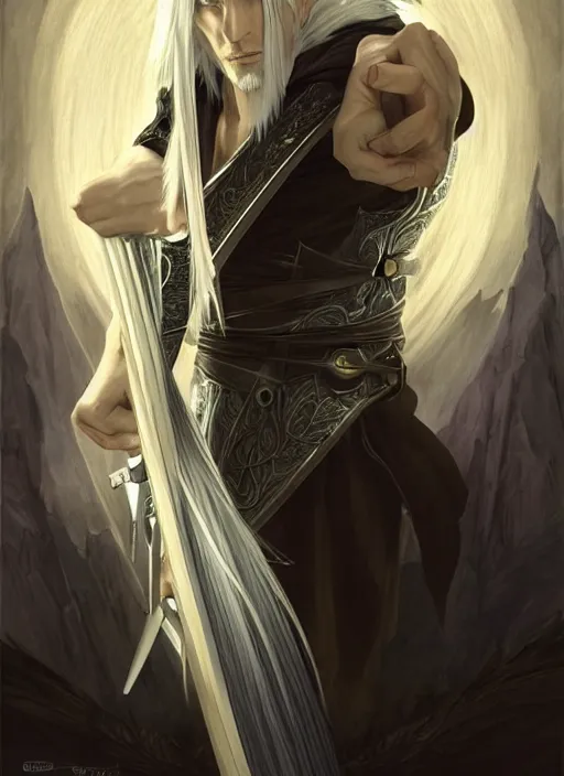 Image similar to centered portrait, Sephiroth as a male D&D Ranger, blonde hair, Art Nouveau, beautiful retro Fantasy heroine 1985, intricate, elegant, highly detailed, centered, digital painting, trending on artstation, concept art, smooth, sharp focus, illustration, art by raphael lacoste, eddie mendoza, Mucha, alex ross, WLOP