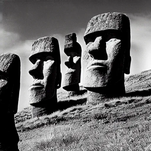 Image similar to easter island moai as the main character in a black and white noir film wearing a fedora, intricate, 1 9 4 0 s film noir, sharp focus, sharp shadows, robert siodmak, fritz lang, otto preminger, orson welles, billy wilder