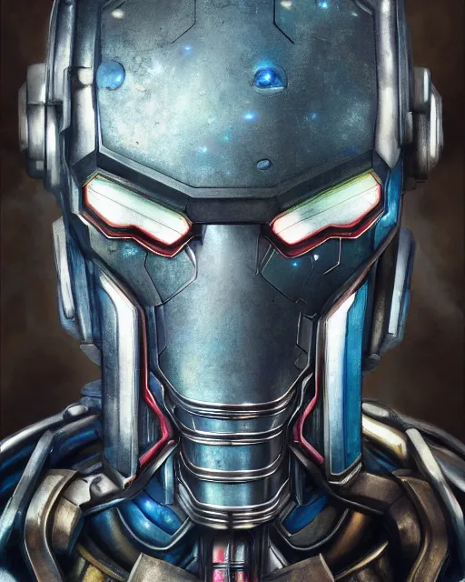 Prompt: portrait of an labradorite ultron from african style age of ultron, clockwork steampunk, dieselpunk, head and chest only, by beksinski, 4 k, deviantart, 3 d unreal engine, trending on artstation