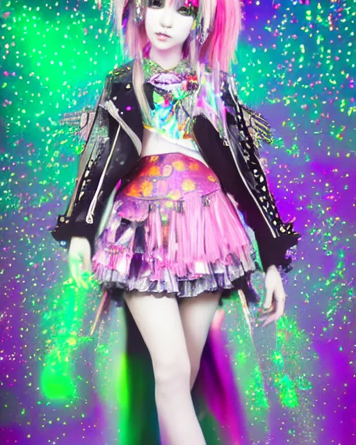 Image similar to a hologram of decora styled yotsuba koiwai wearing a gothic spiked jacket, holography, irridescent, baroque visual kei decora art