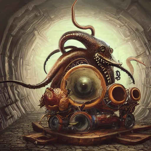 Image similar to fantasy steampunk giant Squid with tentacles and sushi knife frantically playing a big rock&roll drum set in the spotlight dystopian photorealistic, by Philipp A. Urlich and Pengzhen Zhang an Andreas Rocha, fantasy, intricate, elegant, highly detailed, digital painting, artstation, blender, unreal engine 5, octane render, smooth, sharp focus, illustration