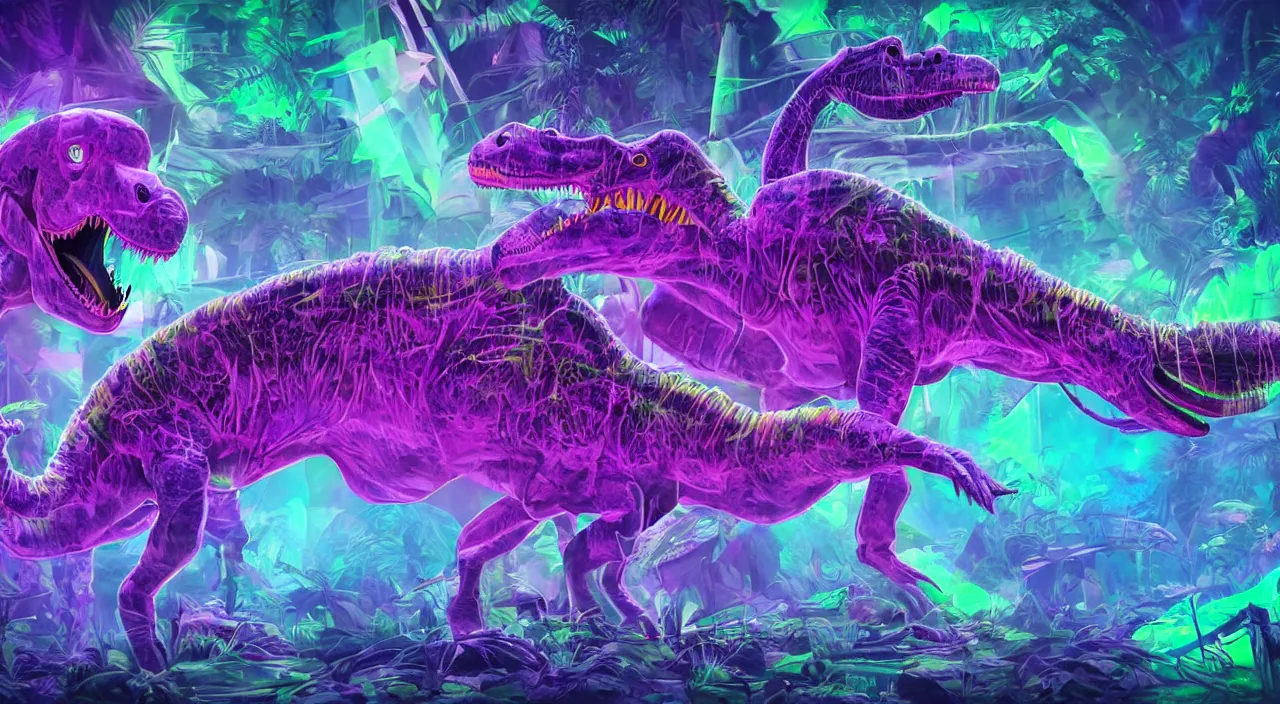 Image similar to spectral purple neon dinosaur, spectral neon pink dinosaur, spectral yellow neon dinosaur, green jungle background, detailed, ultrawide landscape