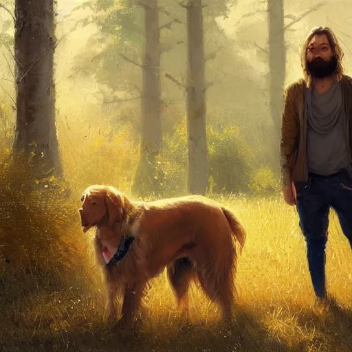 Image similar to oil painting of a young man with long hair blond and a beard hippie style painting on a golden retriever, people watching around, by greg rutkowski, artstation