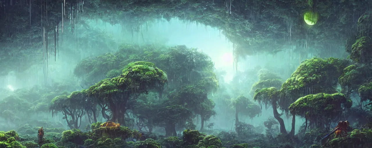 Image similar to ” outer planet with misty jungle, [ moist, wet, lush, cinematic, detailed, epic, widescreen, opening, establishing, mattepainting, photorealistic, realistic textures, octane render, art by paul lehr ] ”