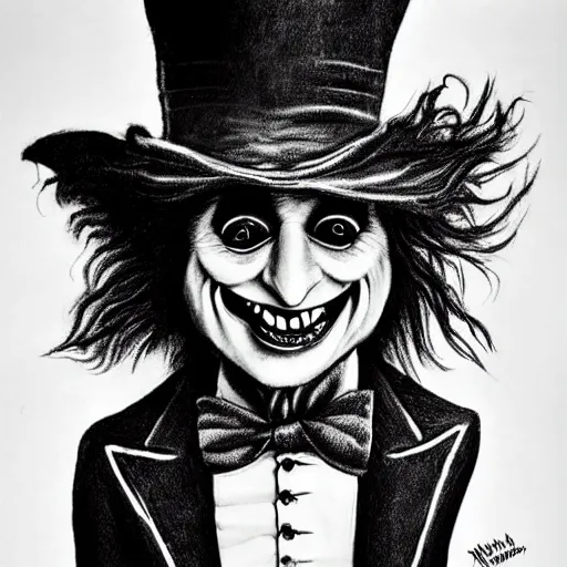 Image similar to horrifying charcoal drawing of the mad-hatter-willie-wonka-babadook