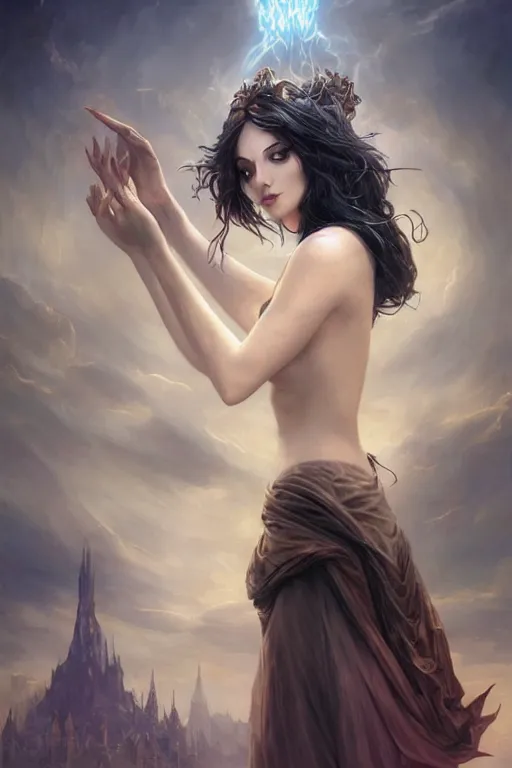 Image similar to seductive looking sorceress prays!!! magic the gathering, windy hair!, surreal dark fantasy, cinematic volumetric lights, portrait, dnd, intricate, elegant, highly detailed, digital painting, artstation, concept art, smooth, sharp focus, illustration, art by artgerm and tom bagshaw and greg rutkowski and alphonse mucha