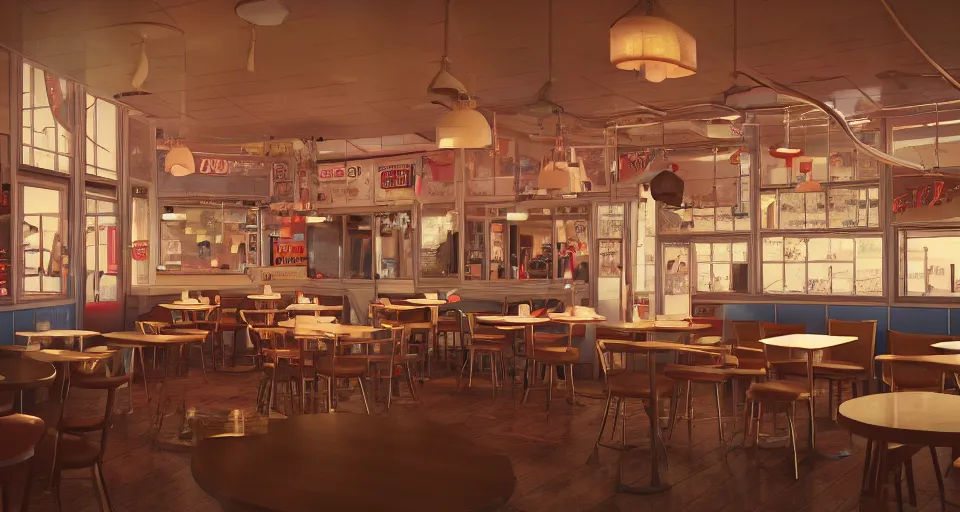 Prompt: closeup profile portrait of a 1 9 5 0 s diner, depth of field, detailed and intricate environment, golden hour, 8 k resolution, hyperrealistic, octane render