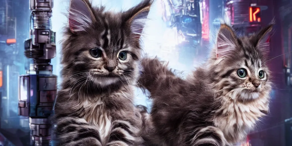 Image similar to a 3 d rendered movie still a of maine coon robotic kitten has become a cat scanner. cyberpunk cat tree. science fiction blockbuster movie from the future, imax 7 0 mm. style of mandalorian ( american space western television series )