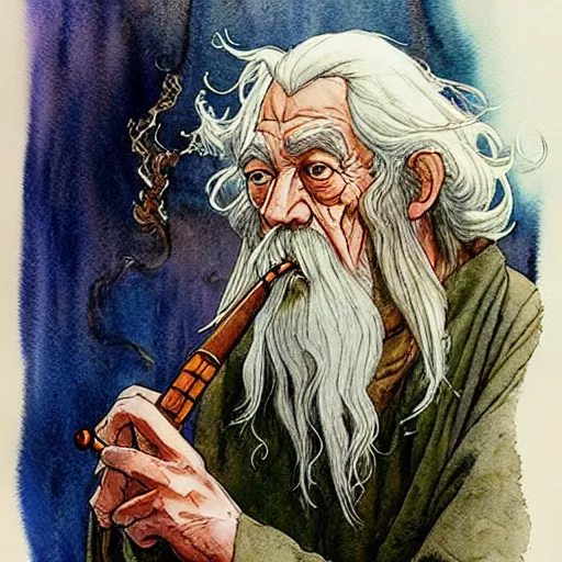 Image similar to a realistic and atmospheric watercolour fantasy character concept art portrait of gandalf with bloodshot eyes smoking a pipe looking at the camera with a pot leaf nearby by rebecca guay, michael kaluta, charles vess and jean moebius giraud