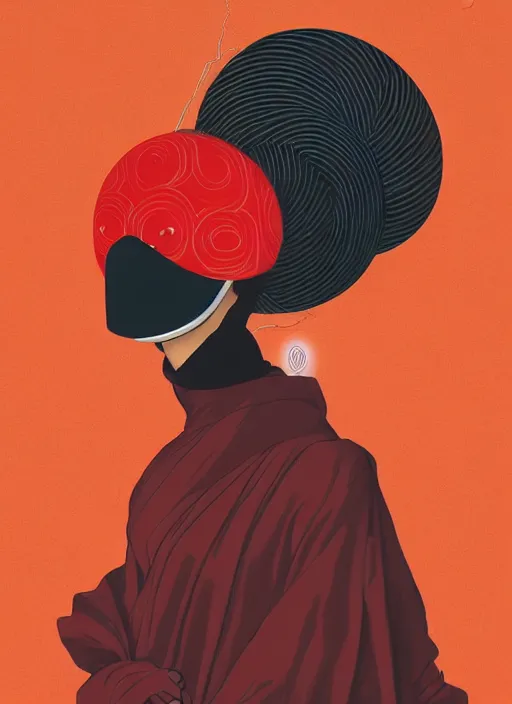 Image similar to portrait of a woman with a mask on his face in the form of a spiral in a golden kimono, full face, against the background of a bright red moon, sad motif, by ilya kuvshinov, dramatic, soft colors, futuristic, 8 k