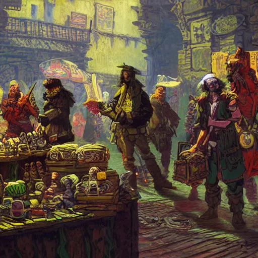 Prompt: The Adventurers shopping for equipment and supplies at the marketplace outside of the grimdarkest dungeon. trending on Pixiv. trending on ArtStation. A vibrant digital oil painting. A highly detailed fantasy character illustration by Wayne Reynolds and Charles Monet and Gustave Dore and Carl Critchlow and Bram Sels