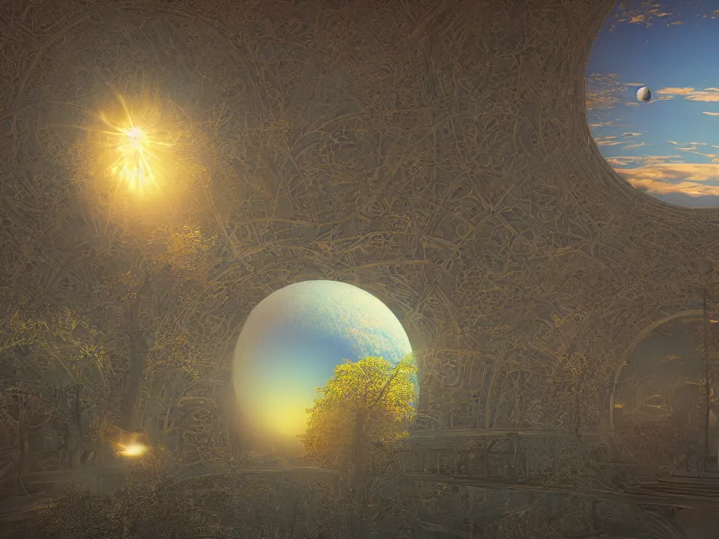 Image similar to 3 d render, sunlight study, the universe is a spheroid region 7 0 5 meters in diameter, art nouveau, by martin johnson heade and ( ( ( ( ( lisa frank ) ) ) ) ), 8 k, sharp focus, octane render