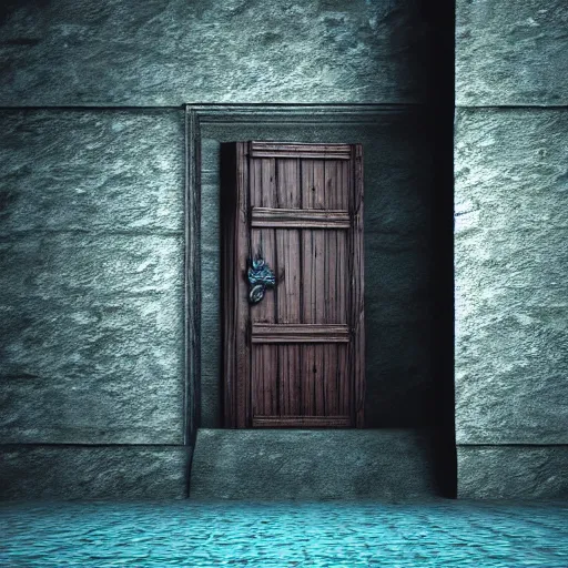 Prompt: photography, 3 d render, monster, open door, water below