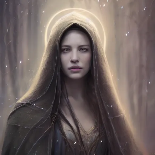 Image similar to Masterpiece! portrait of Arwen, an aesthetic beautiful! realistic black haired priestess, face close up, 30 years old woman, looks like young Liv Tyler, lotr , praying, with tears, soft cinematic light, digital painting by WLOP, atmospheric effects, fireflies, 8K, octane render, artstation, deviantart, closer view, dark purple blue tones