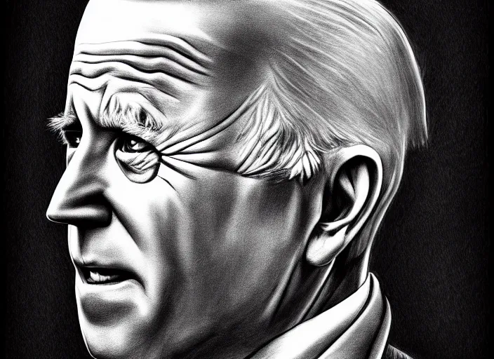 Prompt: an extremely detailed masterpiece grunge drawing of joe biden, in the style of richard avedon, after life, loony toons style, horror themed, detailed, elegant, intricate, trending on artstation, 4 k
