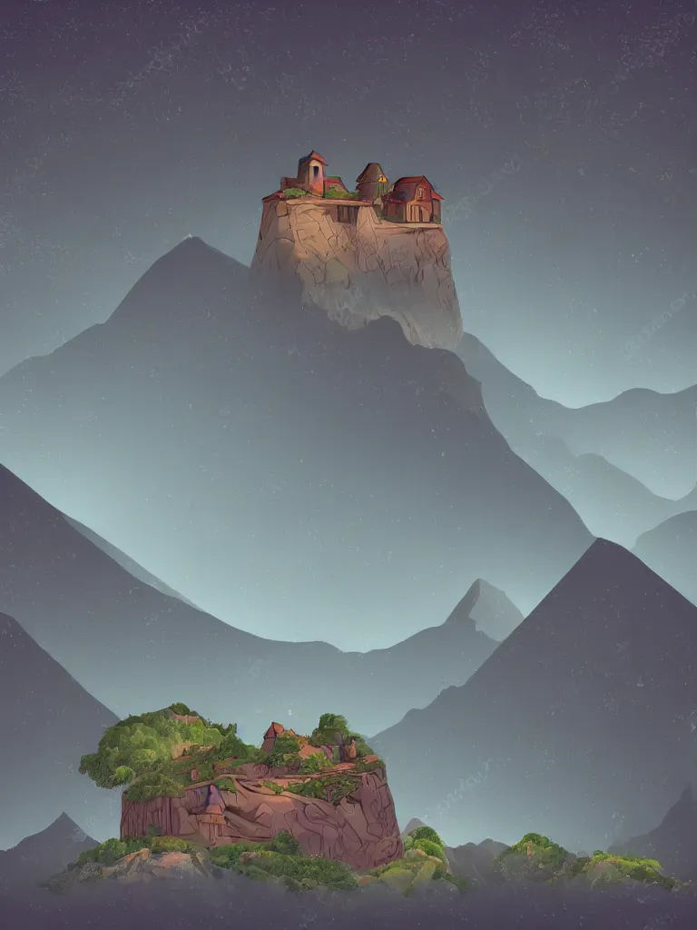 Image similar to surreal mountains with little house on top. vector by disney concept artists, blunt borders, rule of thirds
