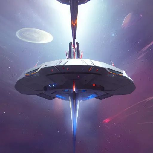 Image similar to concept art of a large space vessel in the shape of an spear flying through the space, scifi, beautiful ilumination, artstation hq