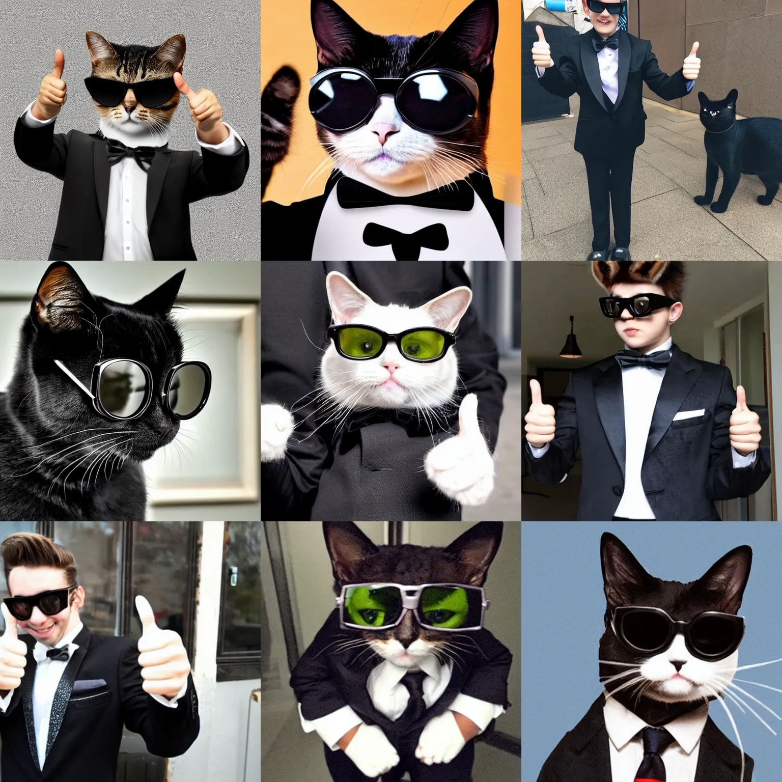 Prompt: a cat wearing a black suit and swag glasses and showing thumbs up