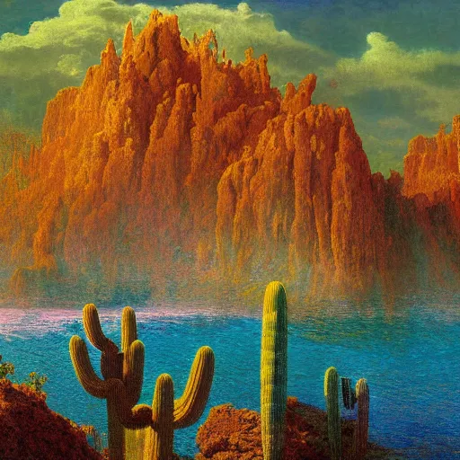 Image similar to flying impressionist island cactus wire, by albert bierstadt and wojciech siudmak, 2 0 megapixels, surrealist