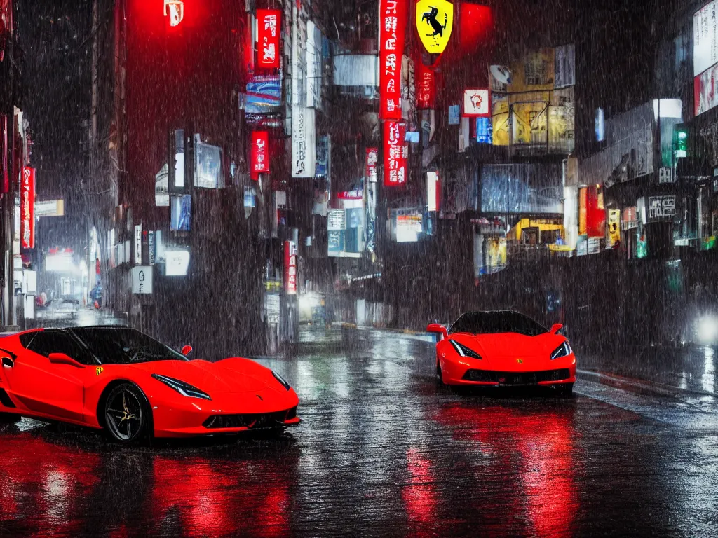Prompt: Ferrari Lamborghini Corvette super car driving down a wet street at night in Tokyo, octane, hdr, 8k