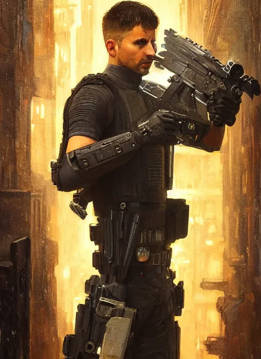 Image similar to 🦸🏼♀. cyberpunk police trooper in a military vest ( blade runner 2 0 4 9, cyberpunk 2 0 7 7 ). orientalist portrait by john william waterhouse and james gurney and theodore ralli and nasreddine dinet, oil on canvas. cinematic, hyper realism, realistic proportions, dramatic lighting, high detail 4 k
