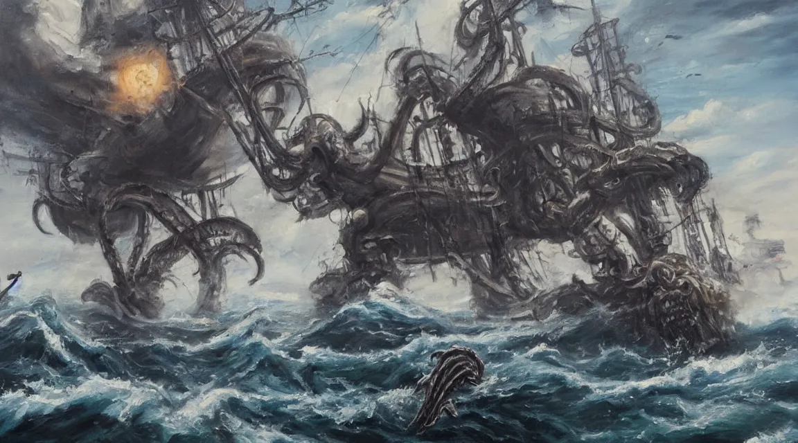 Image similar to oil painting of a kraken attacking a pirate ship