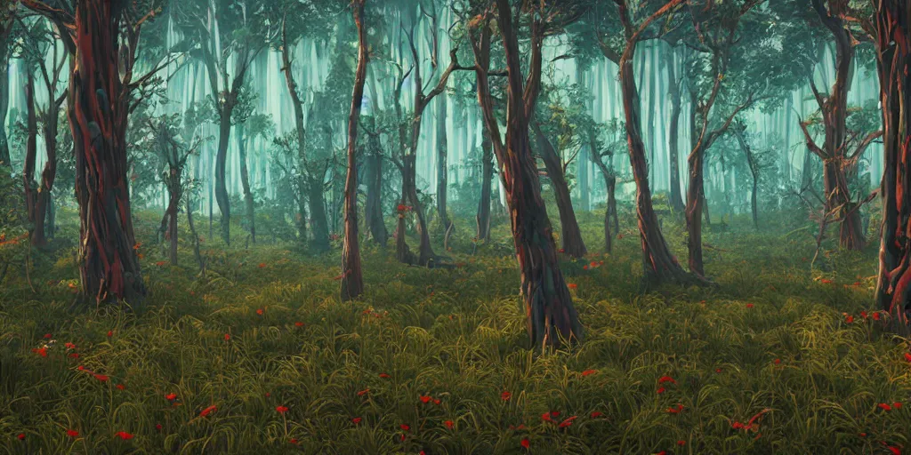 Image similar to abstract 3d landscape forest painting by james jean and David Schnell with 1000 year old trees painted in no mans sky style, redshift, octane