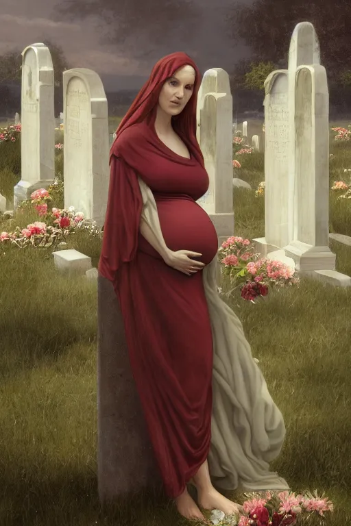 Image similar to portrait of a pregnant widow next to the grave, illustration, dramatic lighting, soft details, painting oil on canvas, art deco, octane render, HDR, 4k, 8k, HD, by Edmund Blair Leighton, Brom, Charlie Bowater, trending on artstation, faces by Tom Bagshaw, Sargent