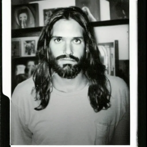 Image similar to a found polaroid of Jesus caught shoplifting, circa 1990