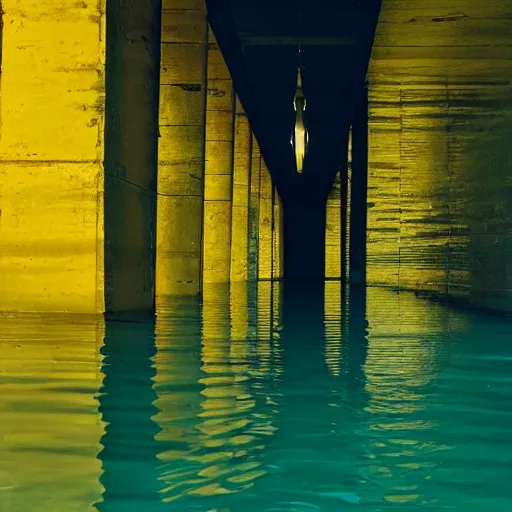 Image similar to an yellow endless hallway with dark shallow water at the bottem of it, liminal, highly detailed,