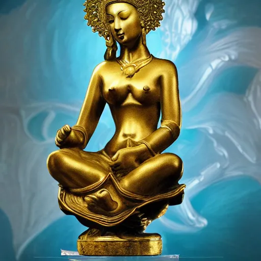 Image similar to romantistic portrait, painting, teal chinese abstract statue shattered standing in god rays, beautiful female body and golden glue dripping acrylic portrait, mechanical superstructure, sacred geometry, supermodel body, beautiful light, statue of carving marble, intricate 8 k render, dark mood, cinematic light, golden spirals, clockwork