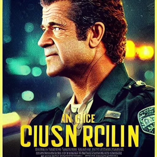 Image similar to “ a movie poster for a movie starring mel gibson about a rogue cop in queens in the 1 9 9 0 s. rainy, night, cinematic. ”