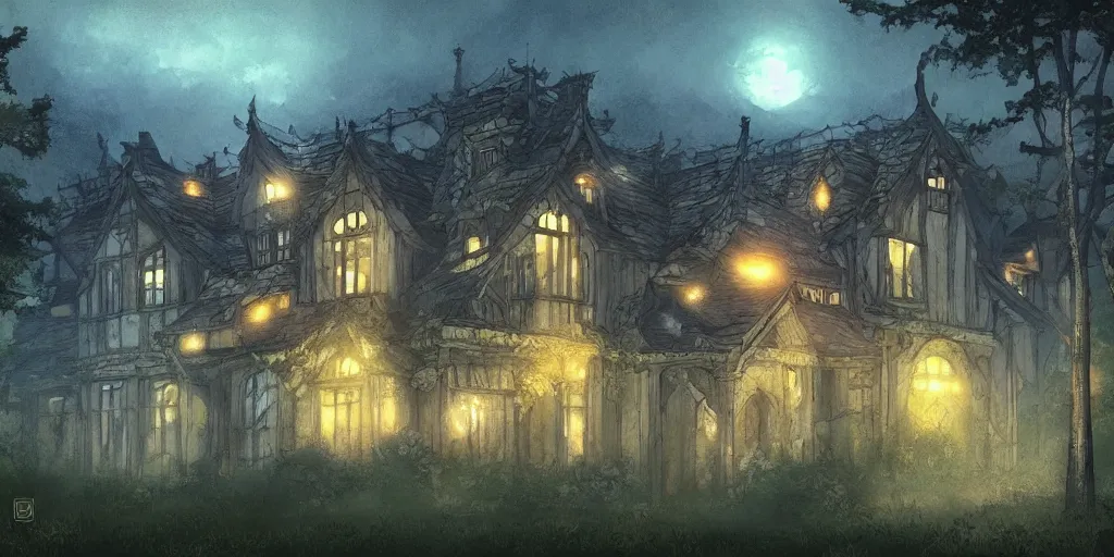 Prompt: manor in the middle of the forest, at night, light flowing through the windows, artstation, manga,!! fantasy