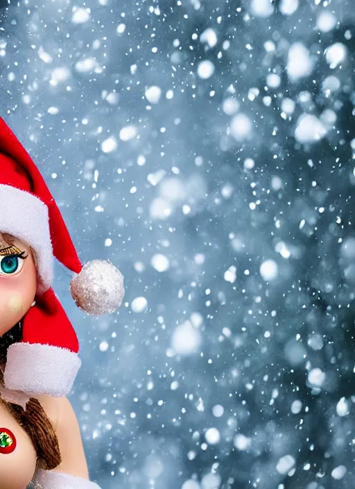 Image similar to closeup profile portrait of tin toy santa elf snow bikini girl, depth of field, zeiss lens, detailed, symmetrical, centered, fashion photoshoot, by nicoletta ceccoli, mark ryden, lostfish, breathtaking, 8 k resolution, extremely detailed, beautiful, establishing shot, artistic, hyperrealistic, octane render