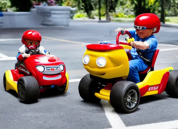 Prompt: peter dinklage racing emmanuel lewis driving a little tikes cars, movie still, from the new fast and furious movie, 8 k, realistic