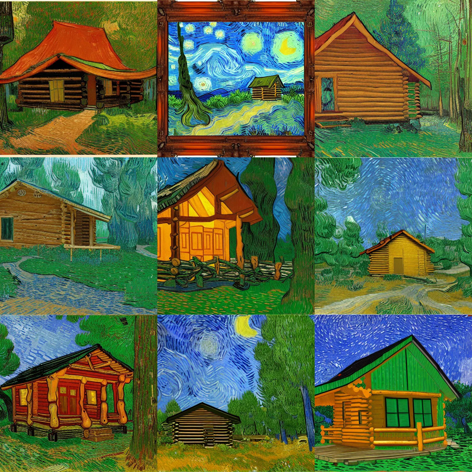 Prompt: [ a log cabin in the forest ] [ van gogh ] [ 8 k ]