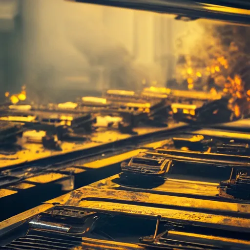 Image similar to line of toaster oven mecha heads on conveyor belt, dark messy smoke - filled cluttered workshop, dark, dramatic lighting, orange tint, sparks, cinematic, highly detailed, sci - fi, futuristic, movie still