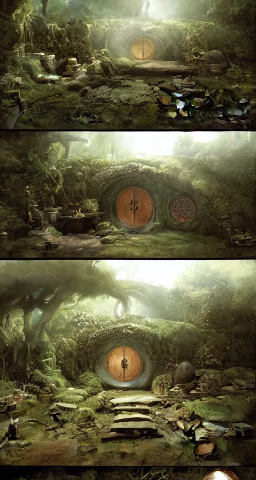 Image similar to concept illustration of a hobbit hole from lord of the rings ', by david mattingly and michael whelan and tim jacobus and francisco goya. realistic 8 k matte painting with photorealistic hd lighting. composition and layout inspired by gregory crewdson and brendon burton.