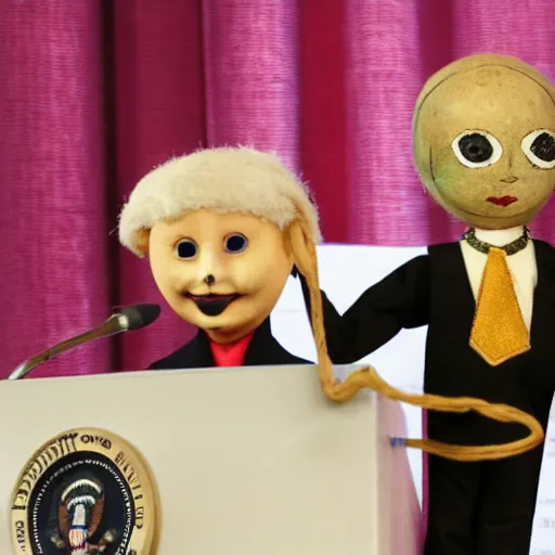 Prompt: president marionette with strings and puppeteer in a podium giving a press conference